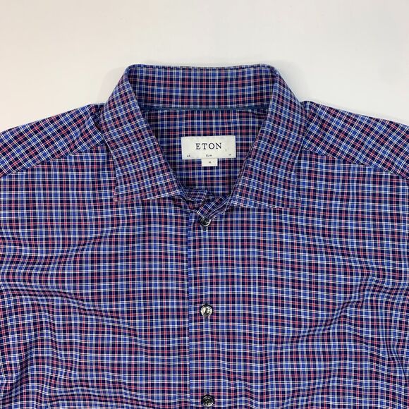 Eton Dress Shirt Mens XL Extra Large SLIM Fit Plaid Button Up Long Sleeve Cotton - Picture 4 of 15